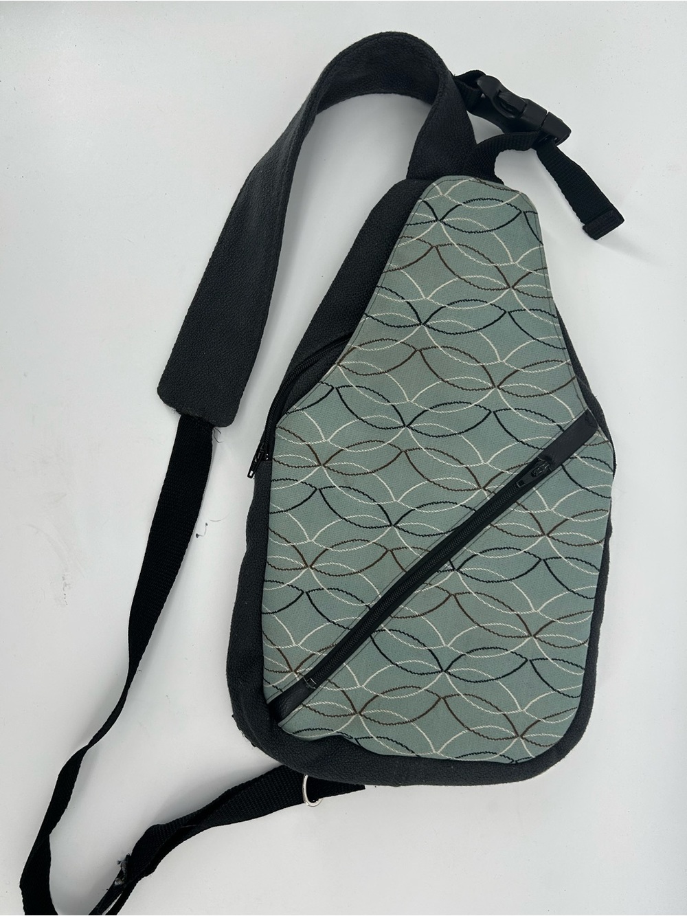 Geometric Pattern Sling Crossbody Bag in Sage Green and Black Travel Hiking